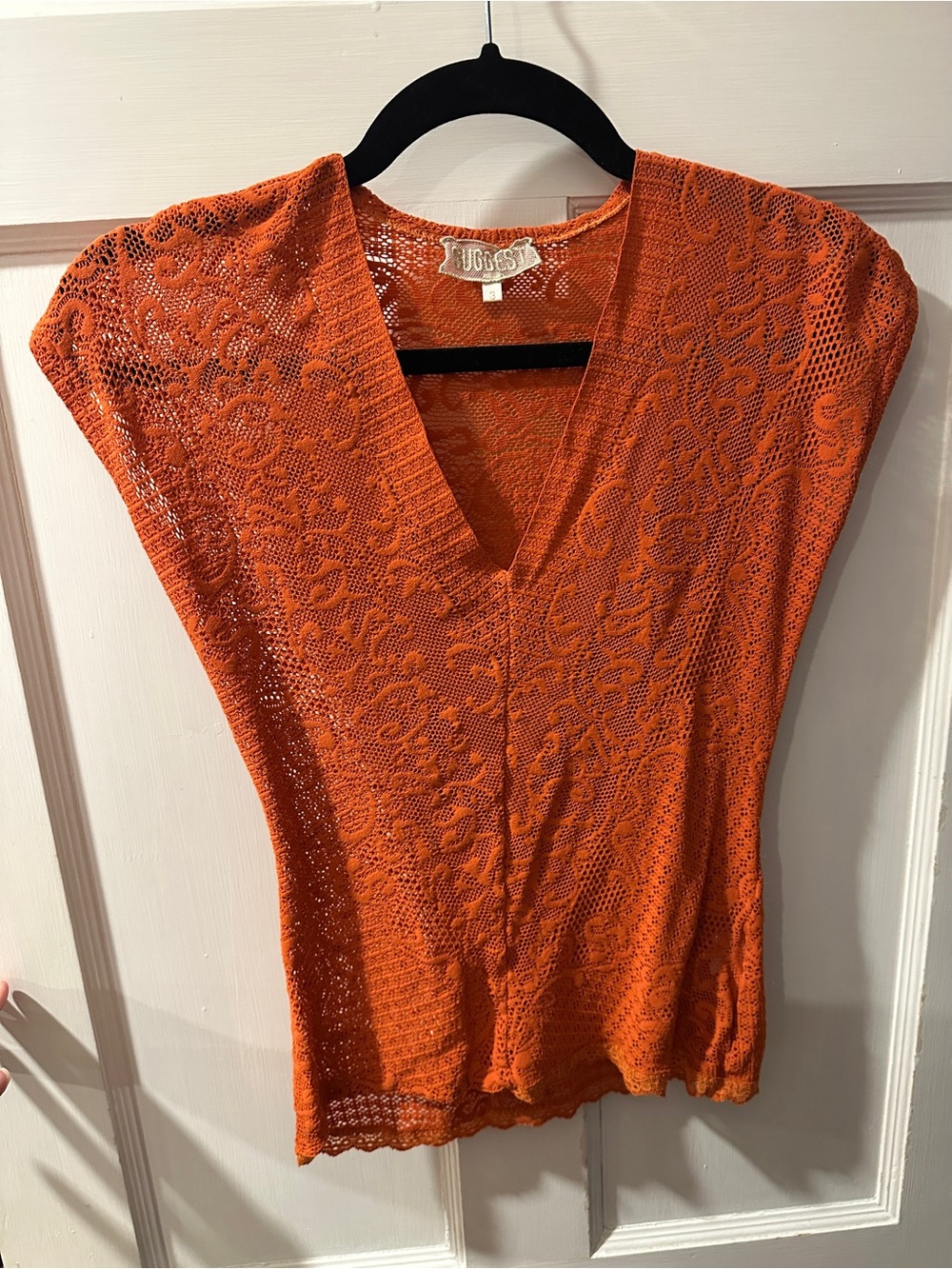 Orange Lace-Knit V-Neck Top blouse